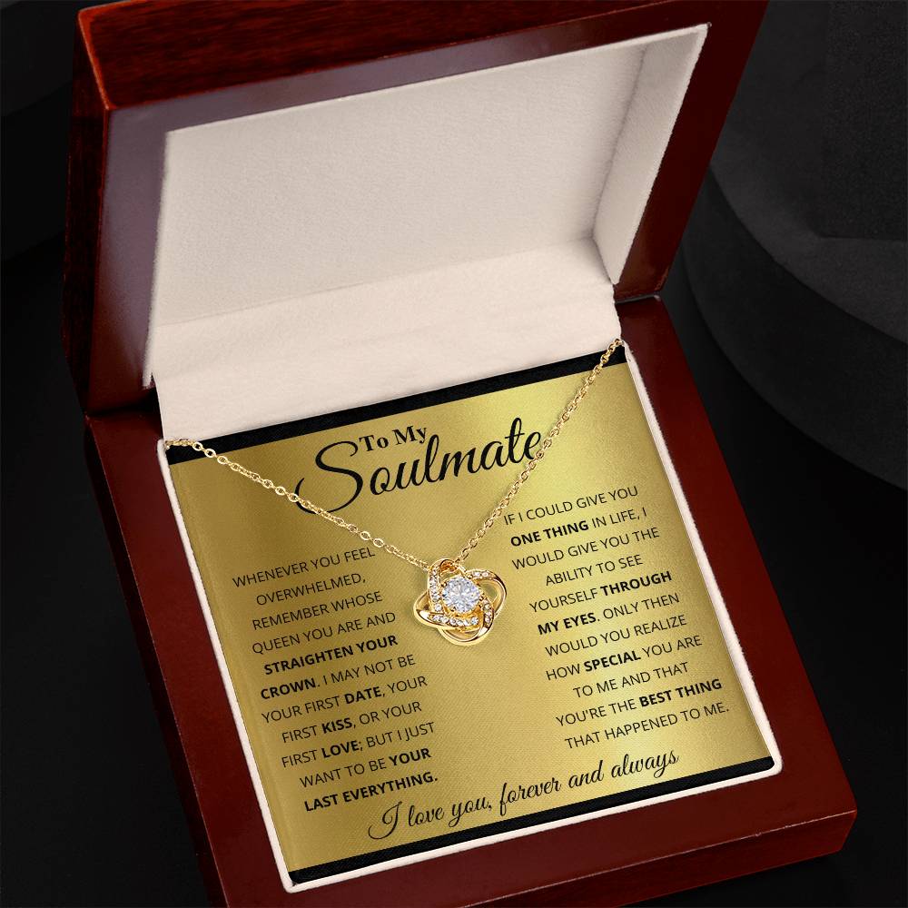 Love Knot Necklace in gift box with heartfelt message card, featuring cubic zirconia crystals, 14k white gold, and 18k yellow gold options.