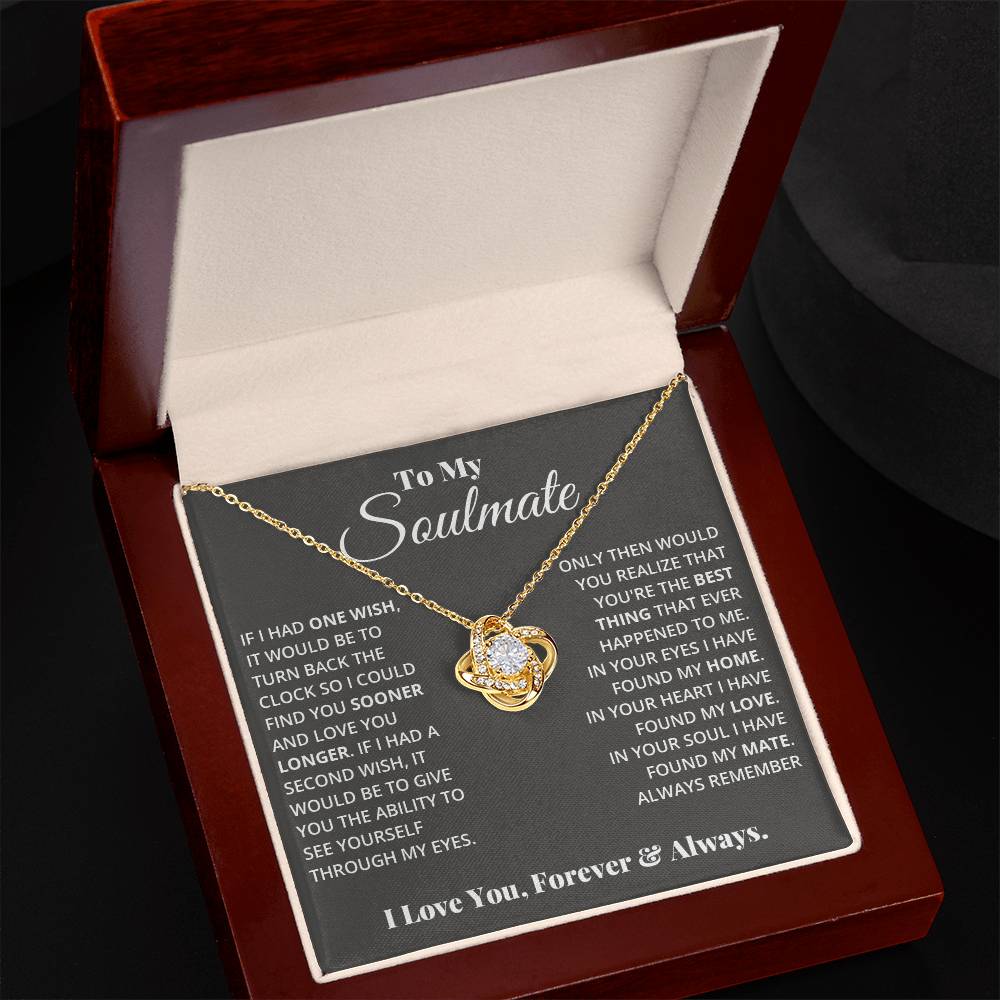 Love Knot Necklace with cubic zirconia in a gift box, featuring sentimental message for soulmate, perfect for expressing unbreakable bond.