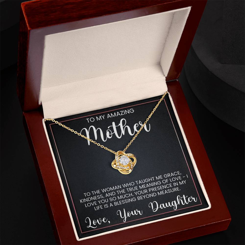 To My Amazing Mother Love Knot Necklace with heartfelt message from daughter, featuring a pendant with premium cubic zirconia crystals in a gift box.