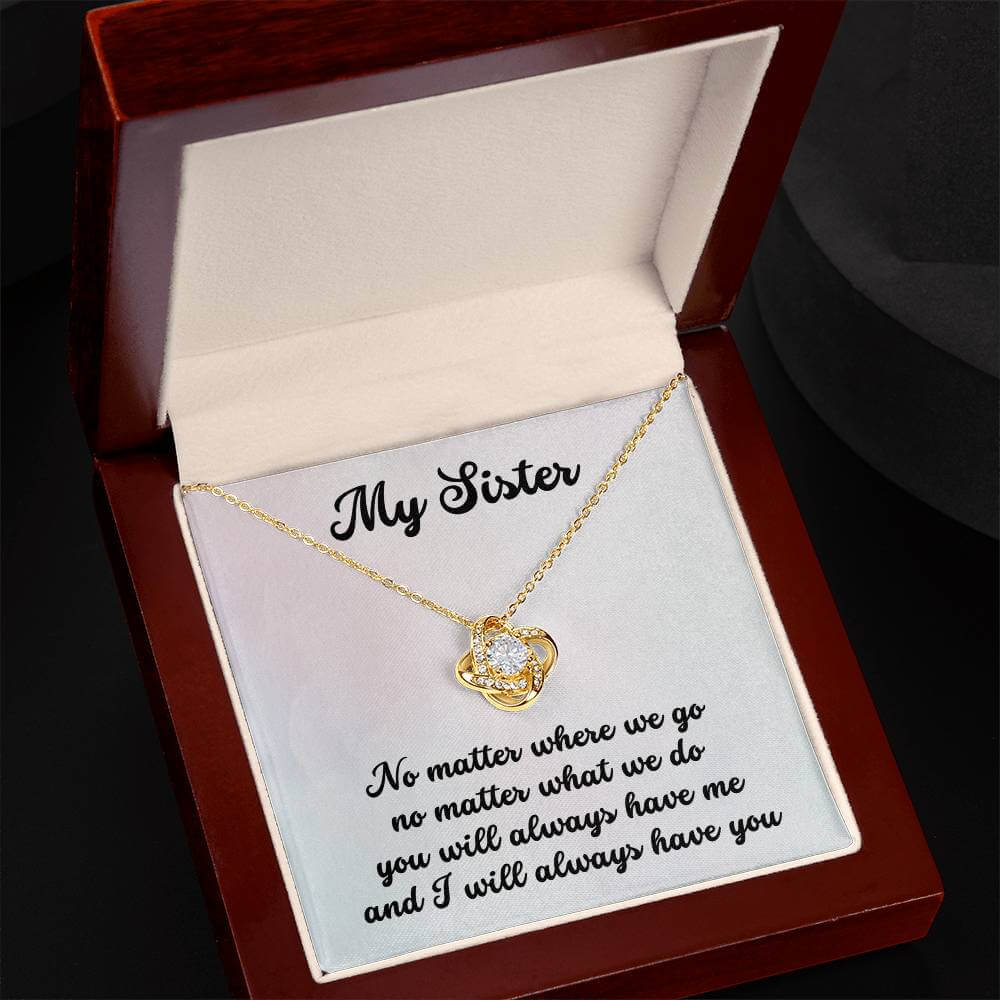 My Sister Love Knot Necklace in gift box with heartfelt message