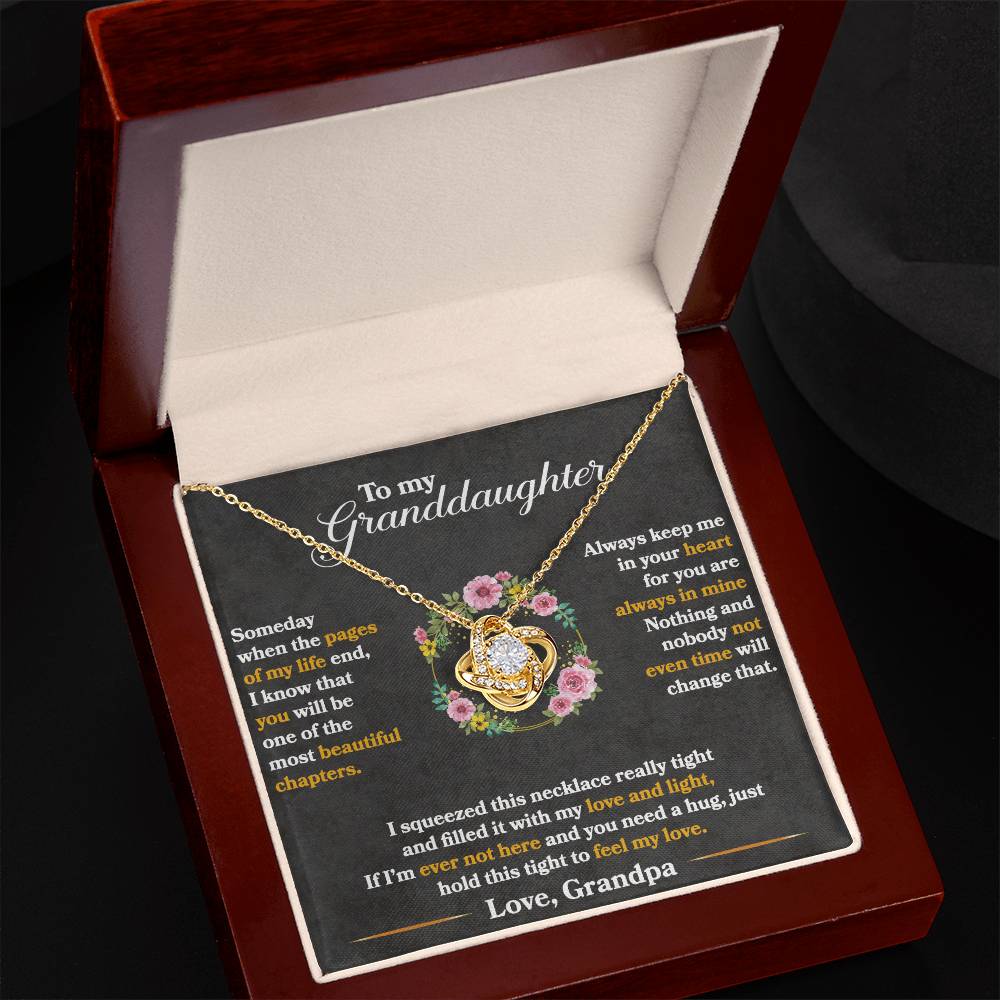 Love Knot Necklace for Granddaughter with heartfelt message from Grandpa in gift box. 18k yellow gold over stainless steel, cubic zirconia pendant.