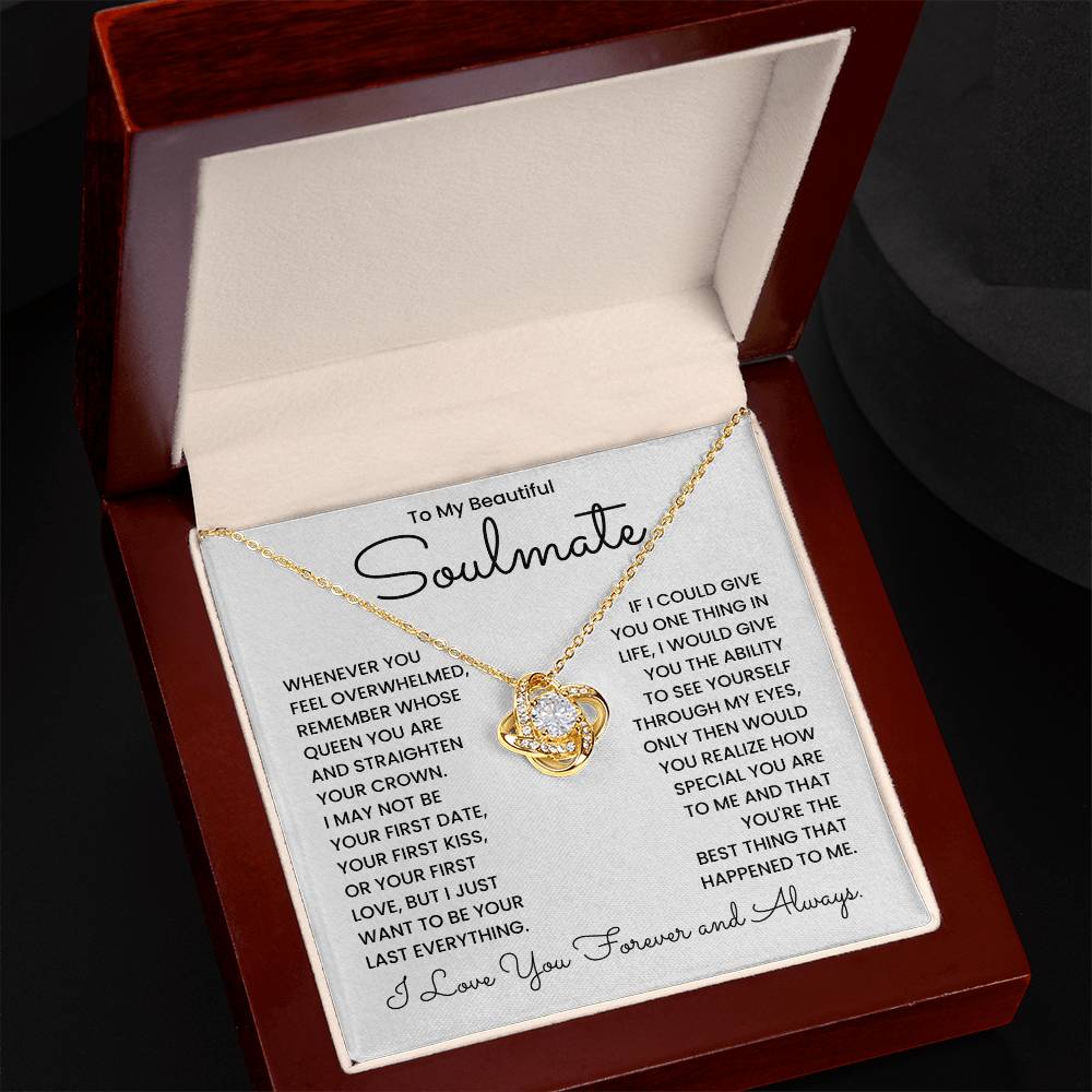 Love Knot Necklace in gift box with romantic message to soulmate, "I Love You Forever and Always" on display.