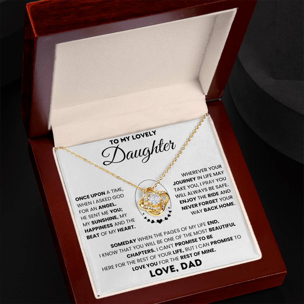 Love Knot Necklace gift for daughter with heartfelt message from dad enclosed in elegant wooden box