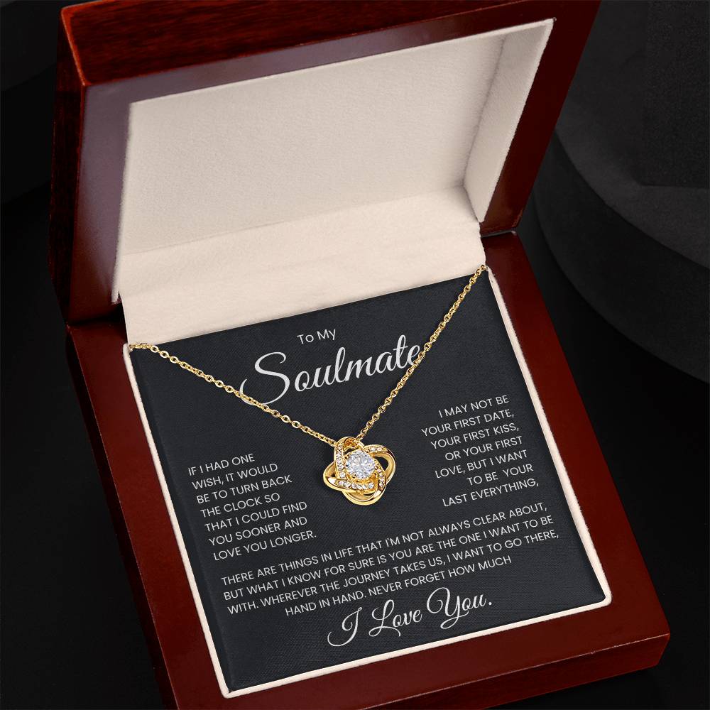 Love Knot Necklace in gift box with heartfelt message for soulmate, "Never Forget how Much I Love You" and romantic wish to be together forever.