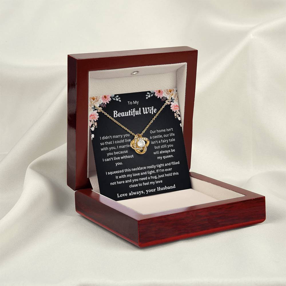 Love knot necklace in a wooden box with heartfelt message card for a beautiful wife