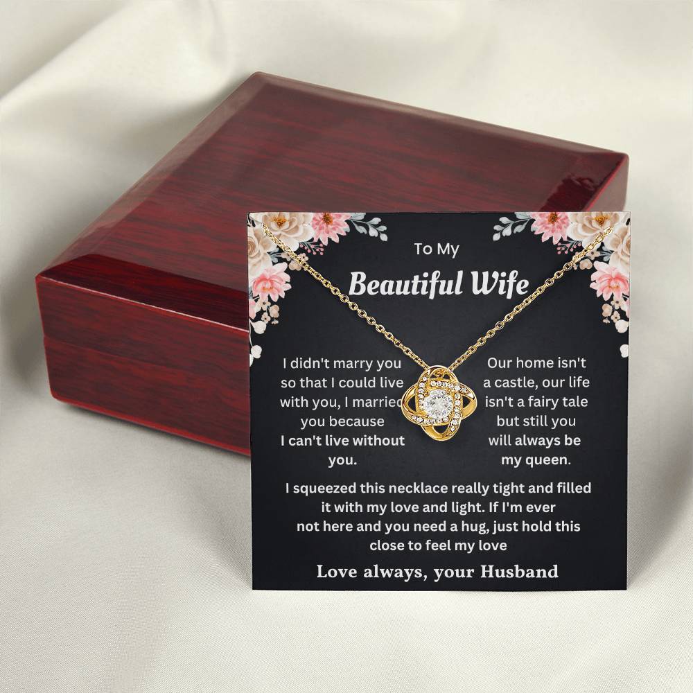 Gold love knot necklace for wife with heartfelt message card and elegant wooden gift box