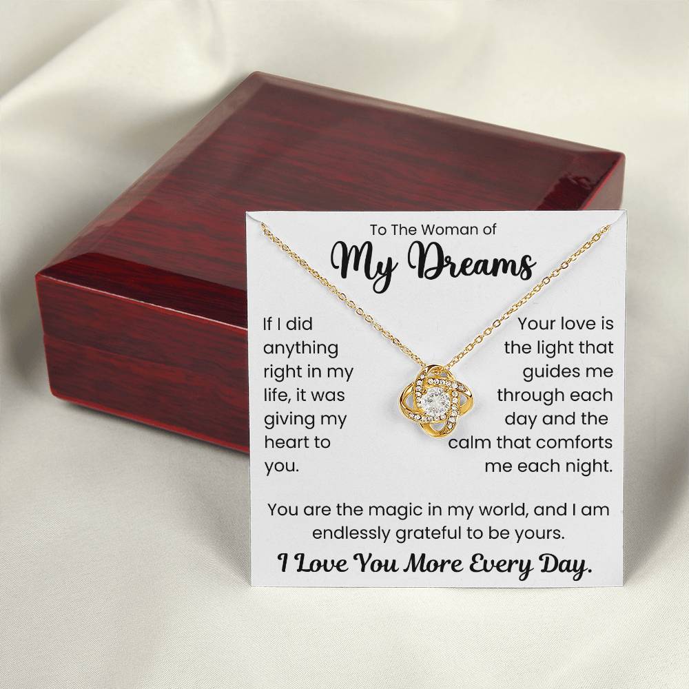 Love Knot Necklace with a heartfelt note to the woman of my dreams, displayed in a gift box