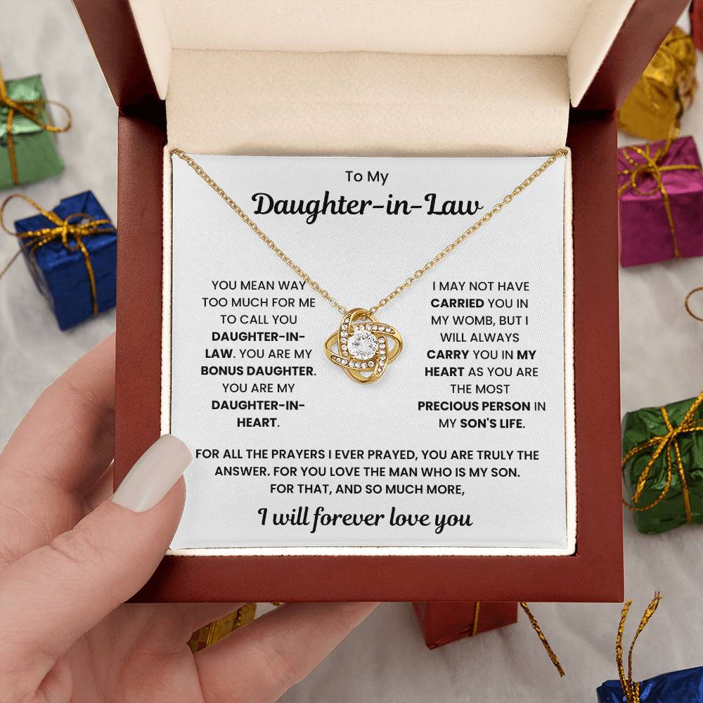 Love Knot Necklace in gift box with heartfelt message for daughter-in-law, perfect gift with 50% off and free shipping