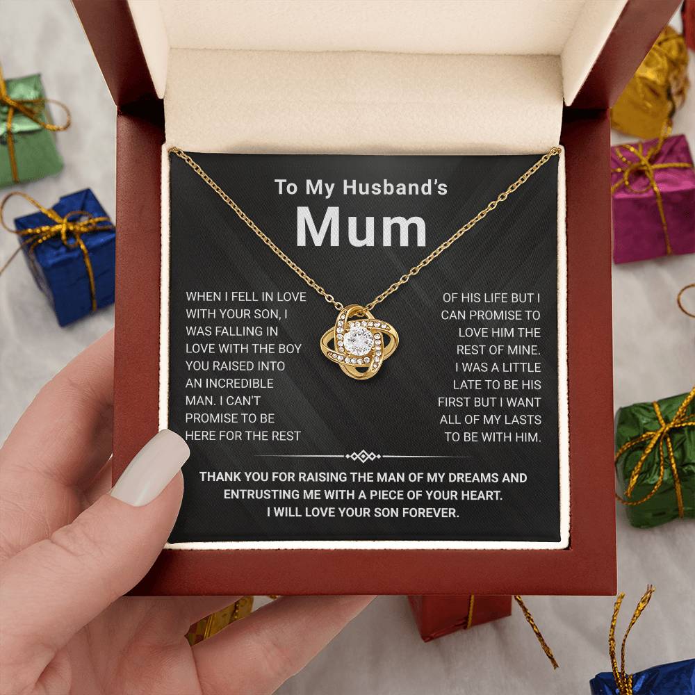 Love Knot Necklace for Husband’s Mum presented in a gift box with heartfelt message, perfect for expressing appreciation.