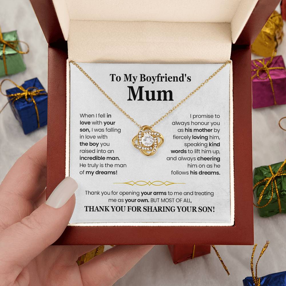 Love Knot Necklace gift for Boyfriend's Mum in elegant box with heartfelt message celebrating the bond with her son.