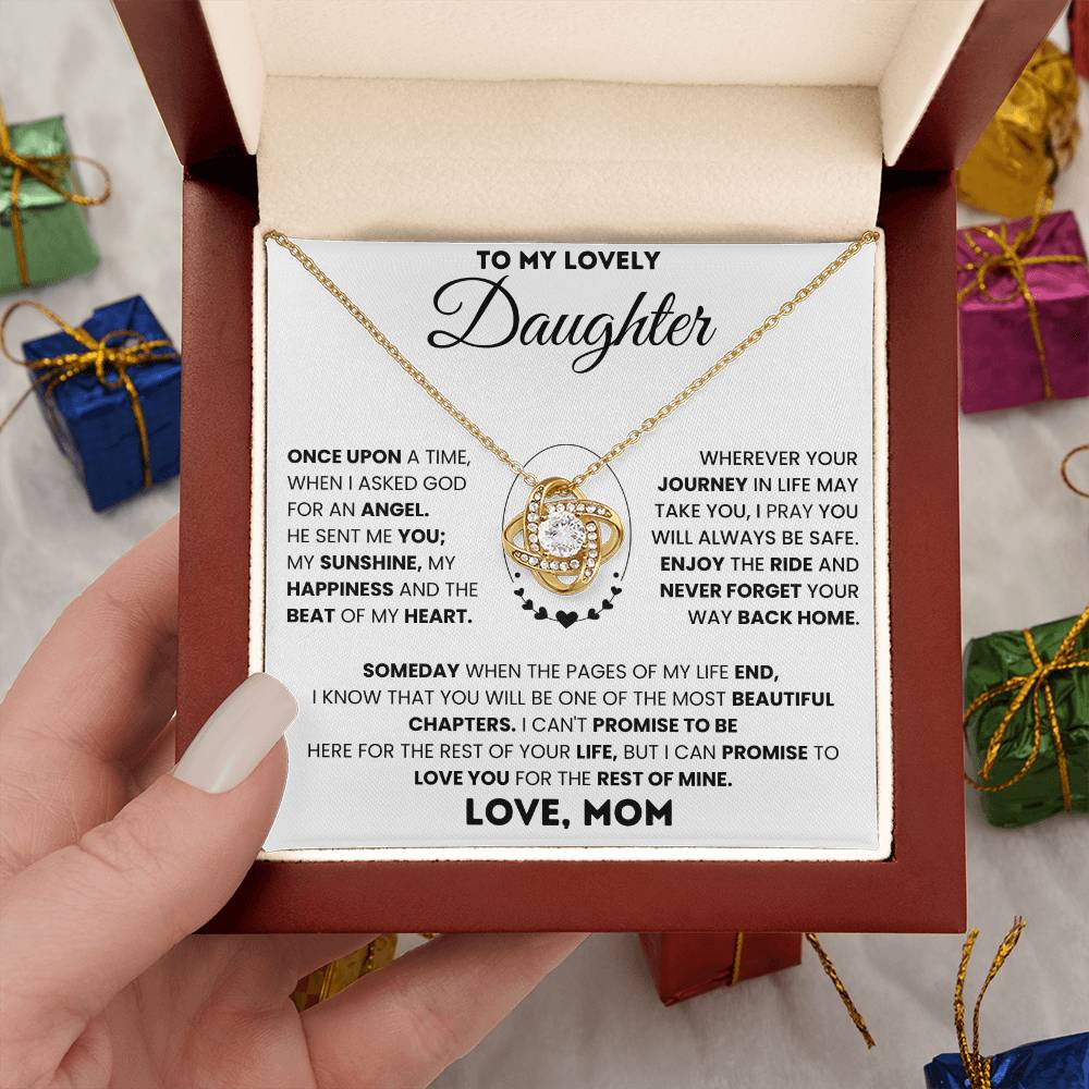 Gift box with Love Knot Necklace for daughter, featuring a heartfelt message from mom, perfect gift for showing love and appreciation