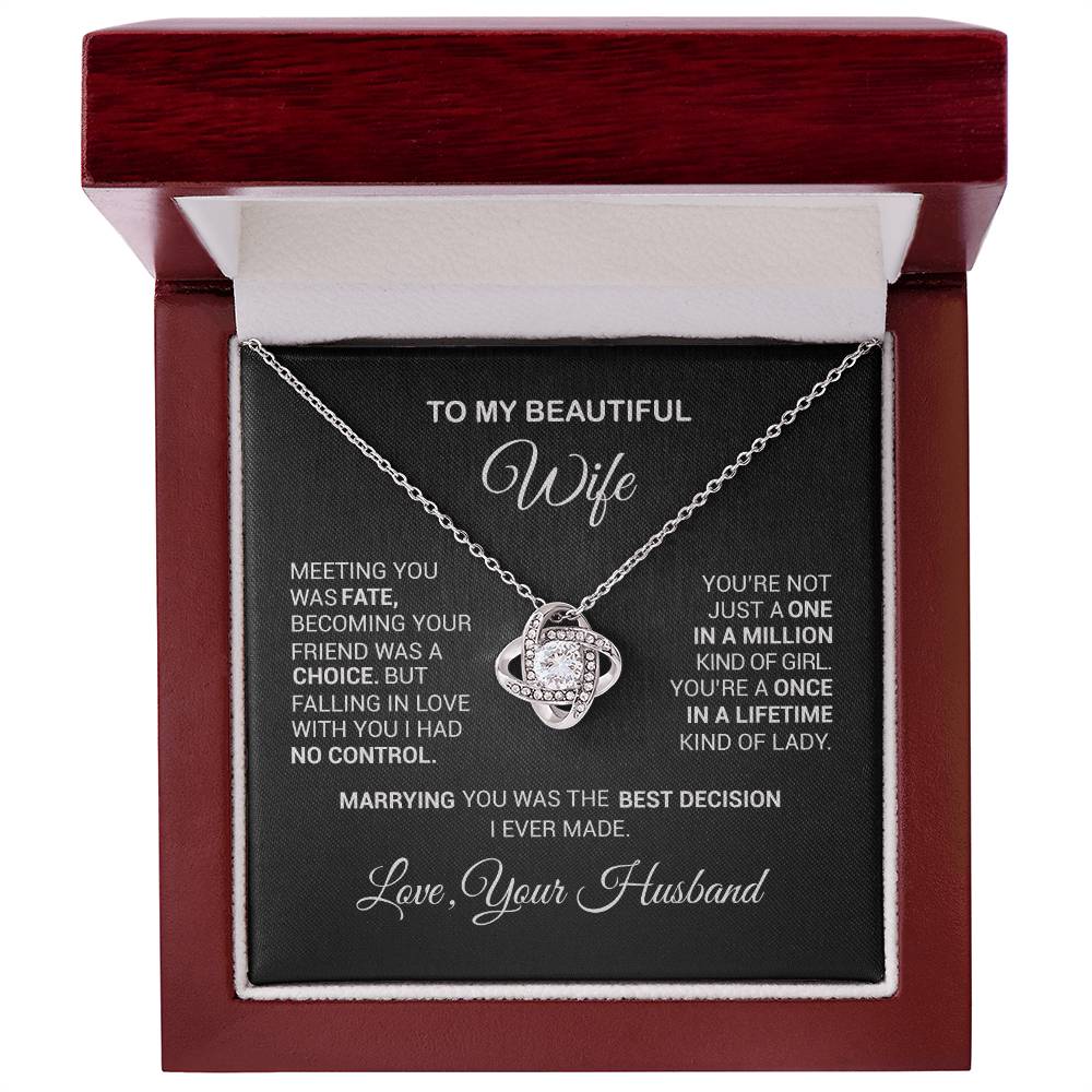 Love Knot Necklace in gift box with sentimental message card from husband to wife, featuring cubic zirconia and elegant design.