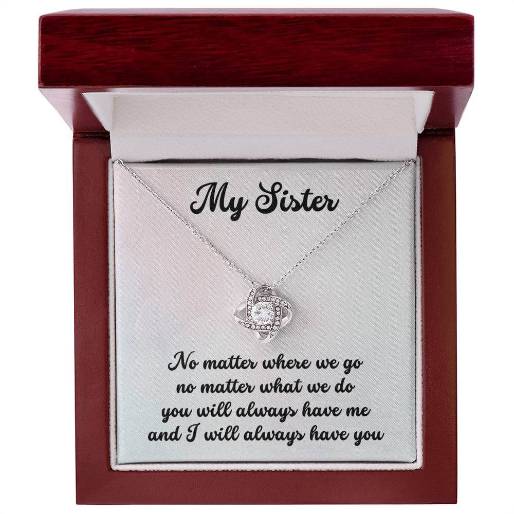 Love Knot Necklace with heartfelt message for sister in elegant box