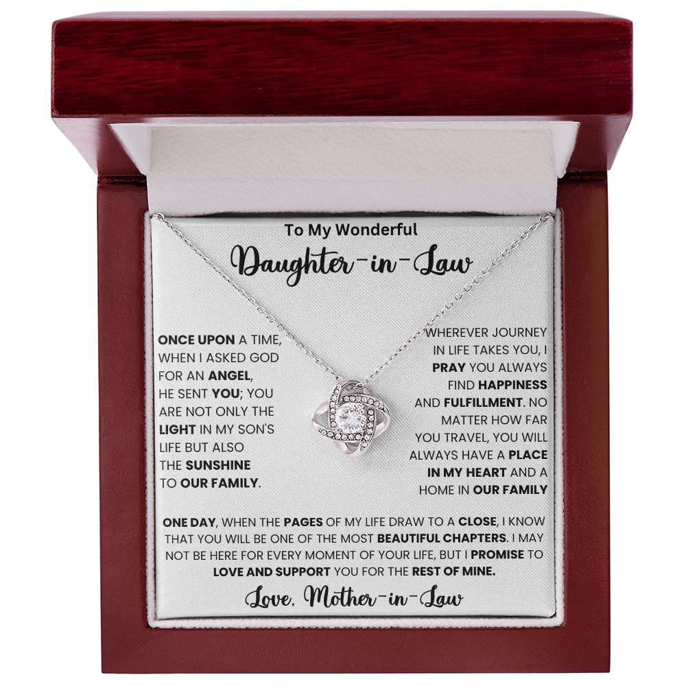 Love Knot Necklace in a red box with a heartfelt message for a daughter-in-law, "To My Wonderful Daughter-in-Law" engraved.