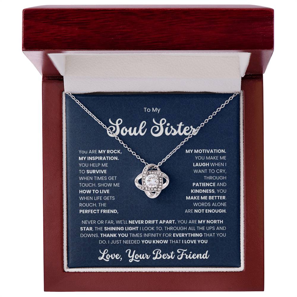 Love Knot Necklace in gift box with heartfelt message for soul sister – perfect friendship and motivation gift to make her smile and cherish forever.