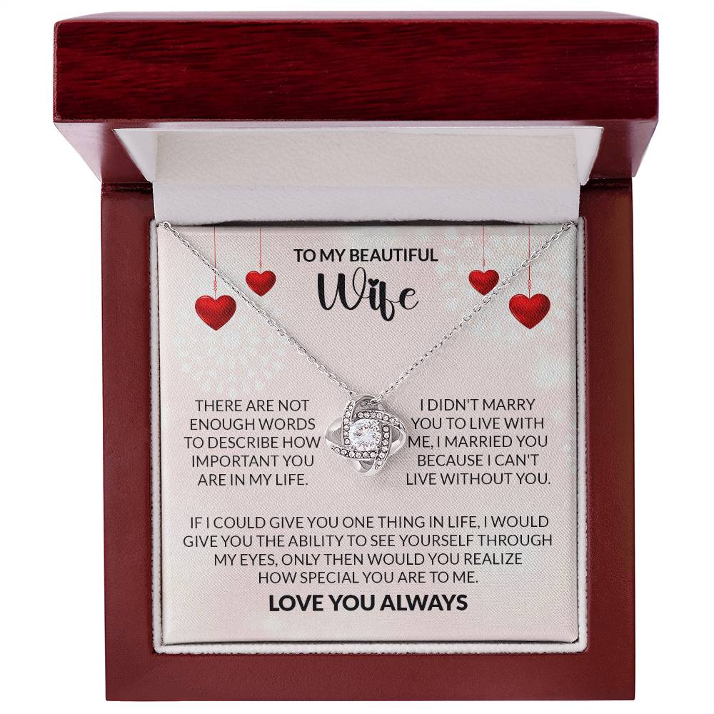 Love Knot Necklace gift box with romantic message for a wife, featuring a cubic zirconia pendant, perfect for special occasions.