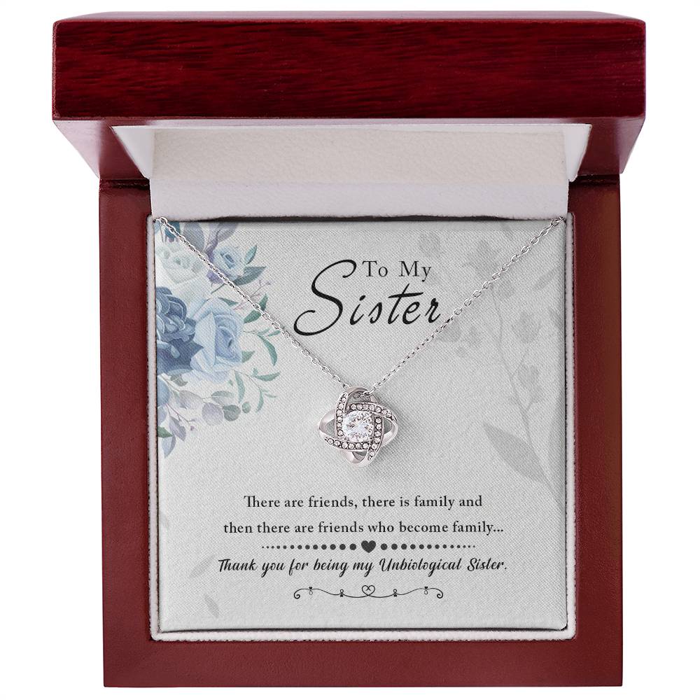 To My Sister Love Knot Necklace with cubic zirconia in gift box, thank you message.