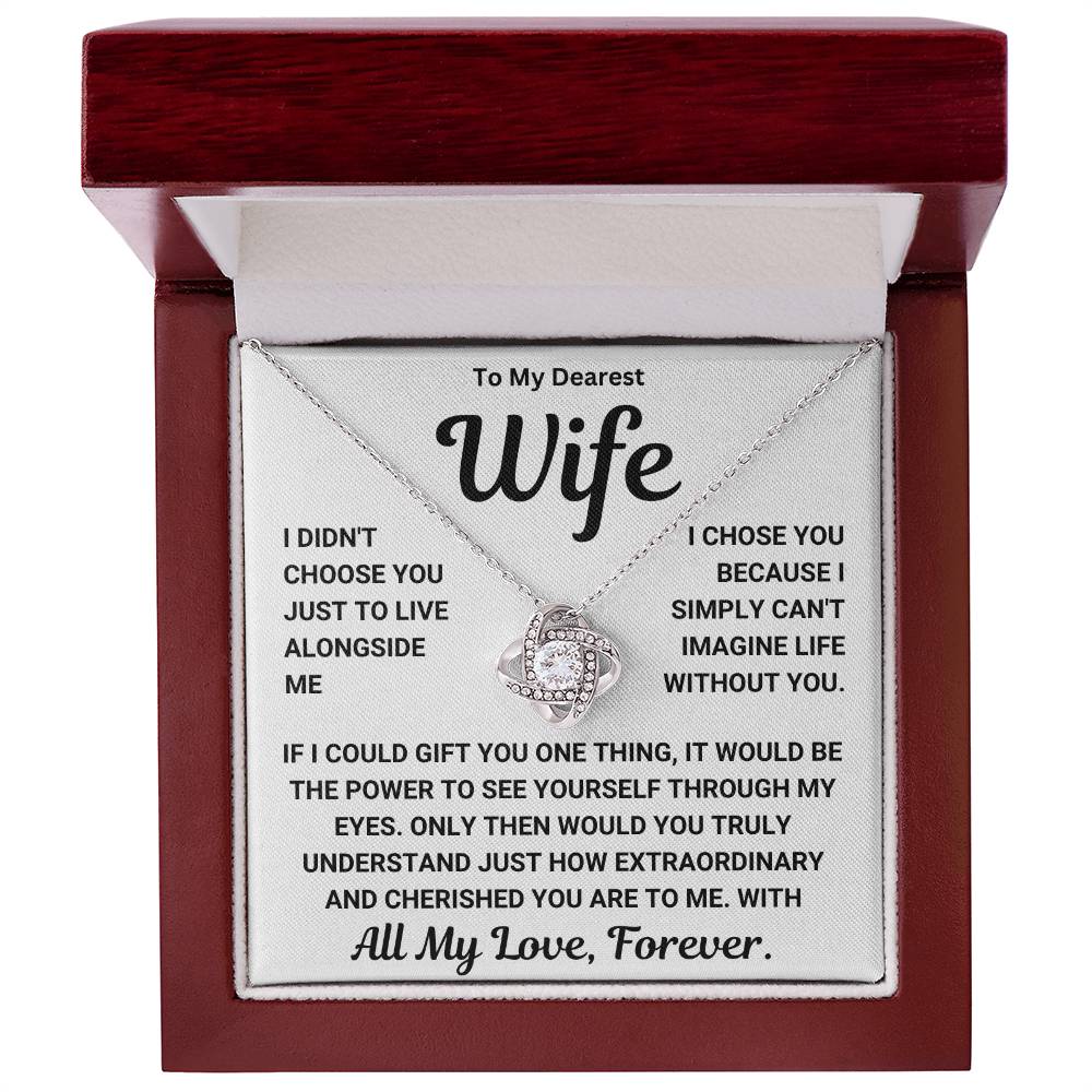 Love Knot Necklace with sentimental message to wife in a red gift box