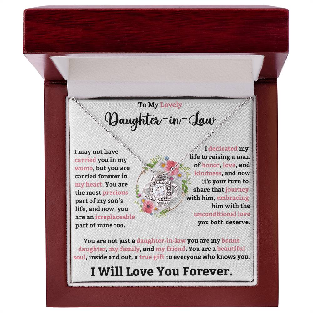 Love Knot Necklace for Daughter-in-Law with heartfelt message in a wooden gift box