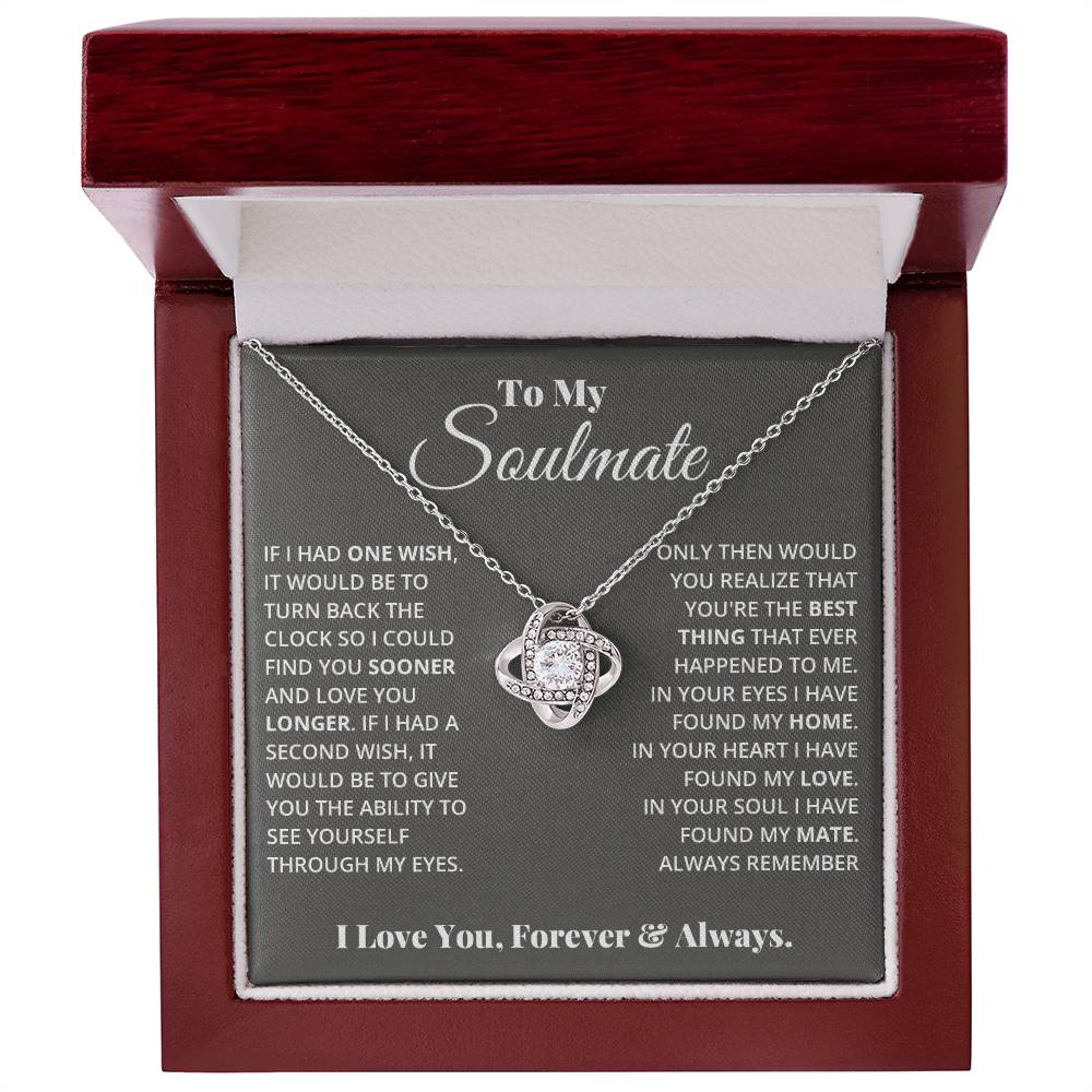 Love Knot Necklace with cubic zirconia in red box, "To My Soulmate" message, represented by unbreakable bond, perfect gift presenting love