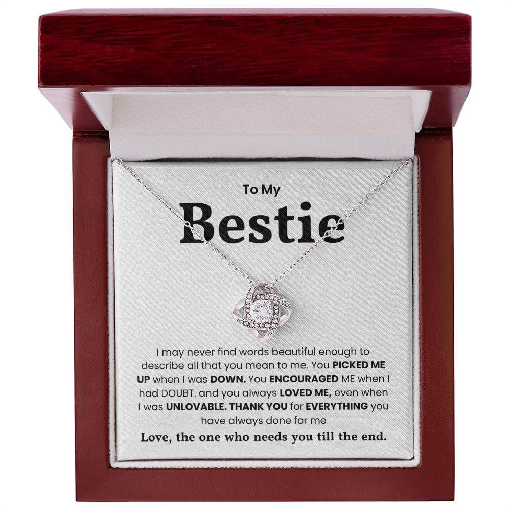 Love Knot Necklace in a gift box with heartfelt message to best friend expressing gratitude and love