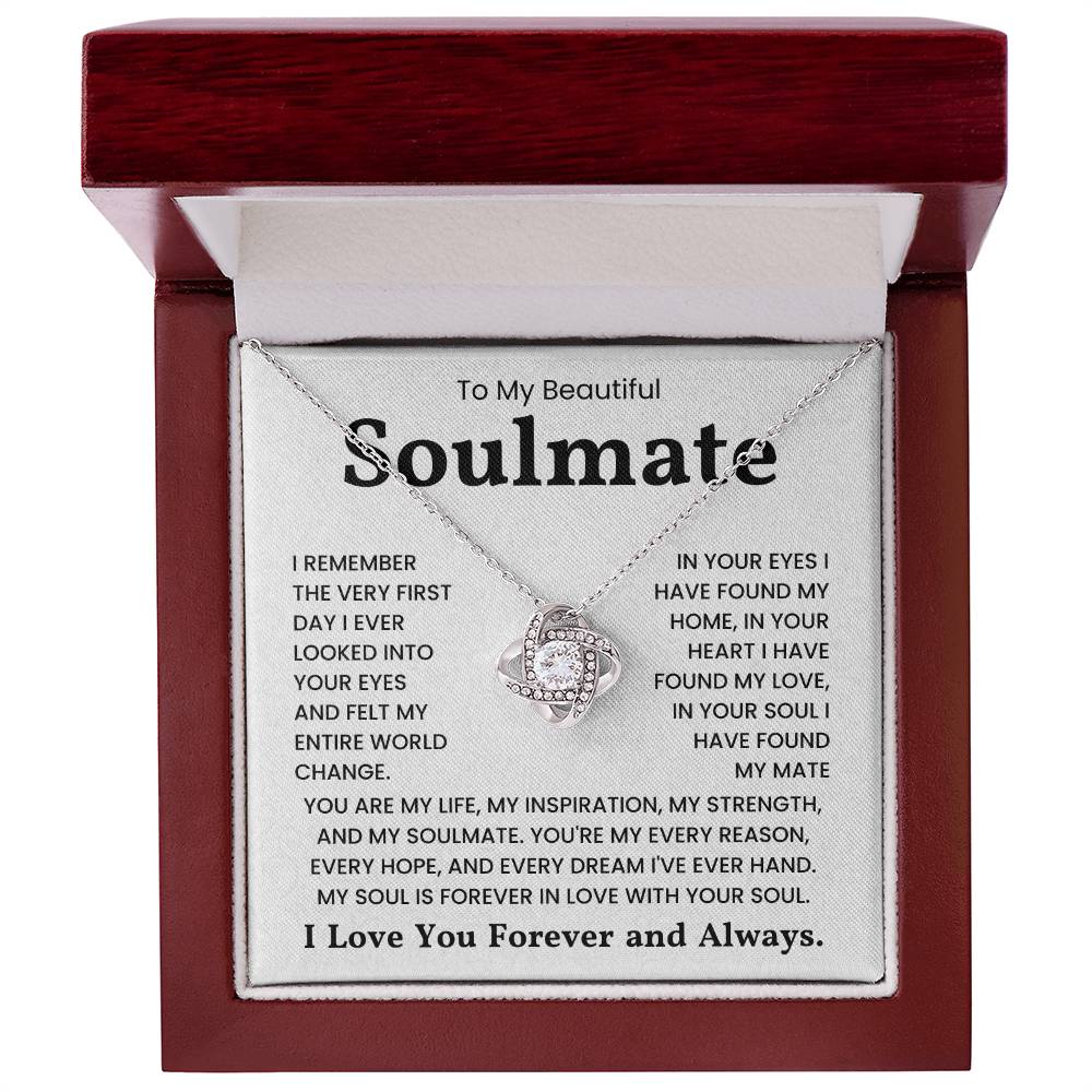 To My Beautiful Soulmate Love Knot Necklace in decorative box with romantic message about love and connection