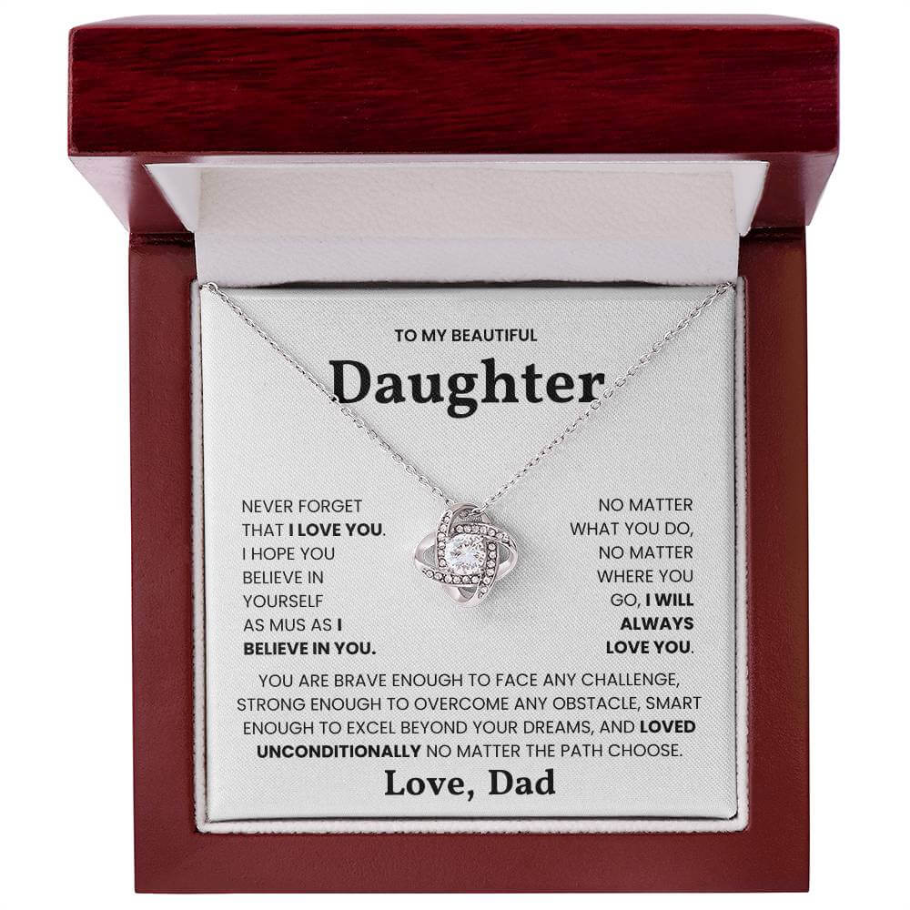 Love Knot Necklace for Daughter with Heartfelt Message from Dad in Jewelry Box