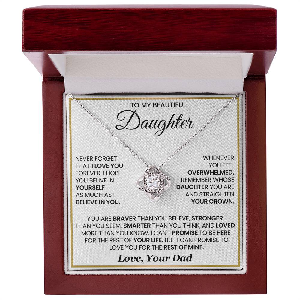 Love Knot Necklace in gift box with heartfelt message for daughter, featuring cubic zirconia crystals and elegant design.