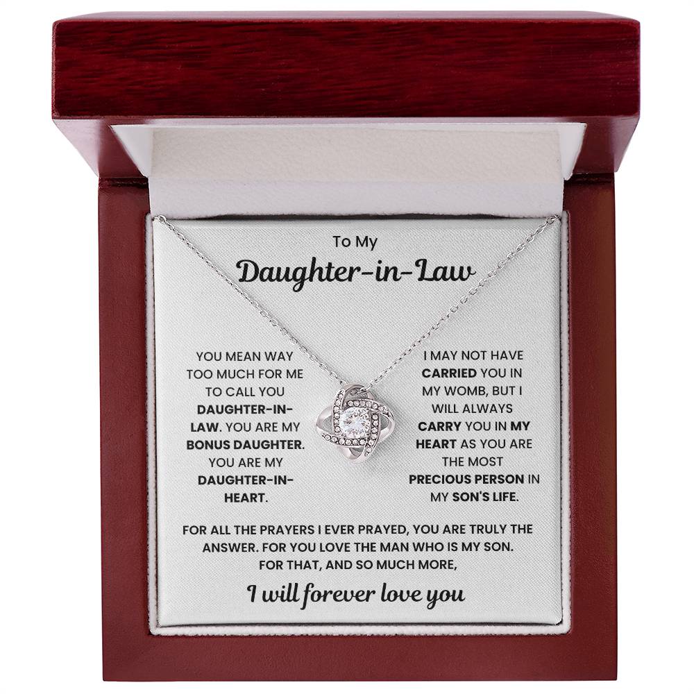 Love Knot Necklace in Wooden Box with Message - "To My Daughter-in-Law. I Will Forever Love You" - Perfect Gift for Daughter-in-Law.