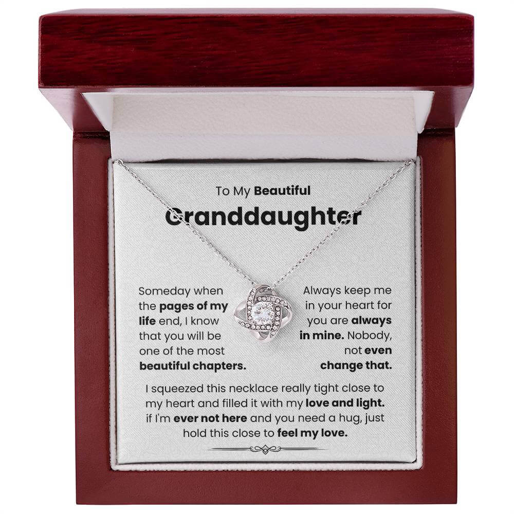 Love Knot Necklace for Granddaughter in gift box with heartfelt message "To My Beautiful Granddaughter - Feel My Love"