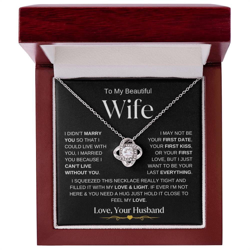 Love Knot Necklace for Wife in elegant gift box with heartfelt message and wooden finish