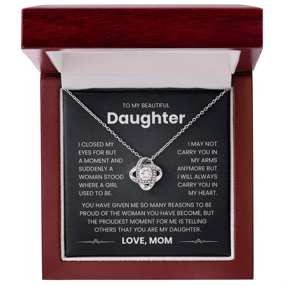 To My Beautiful Daughter - Love Knot Necklace with heartfelt message from mom in elegant gift box.