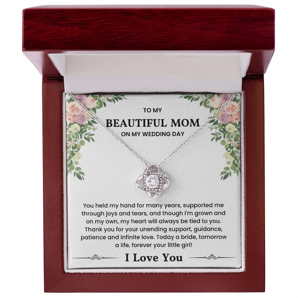 Love Knot Necklace with heartfelt message for mom on wedding day in a gift box.