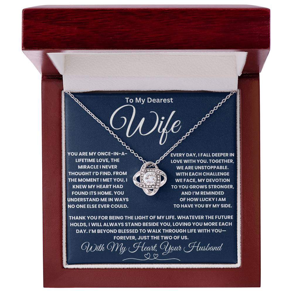 Love Knot Necklace in gift box with heartfelt message card for wife, perfect romantic gift for special occasions.