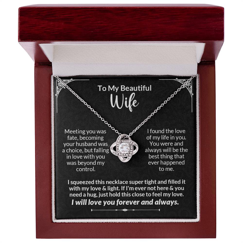 Love Knot Necklace in gift box for wife with heartfelt message, featuring cubic zirconia crystals and 14k white gold chain.