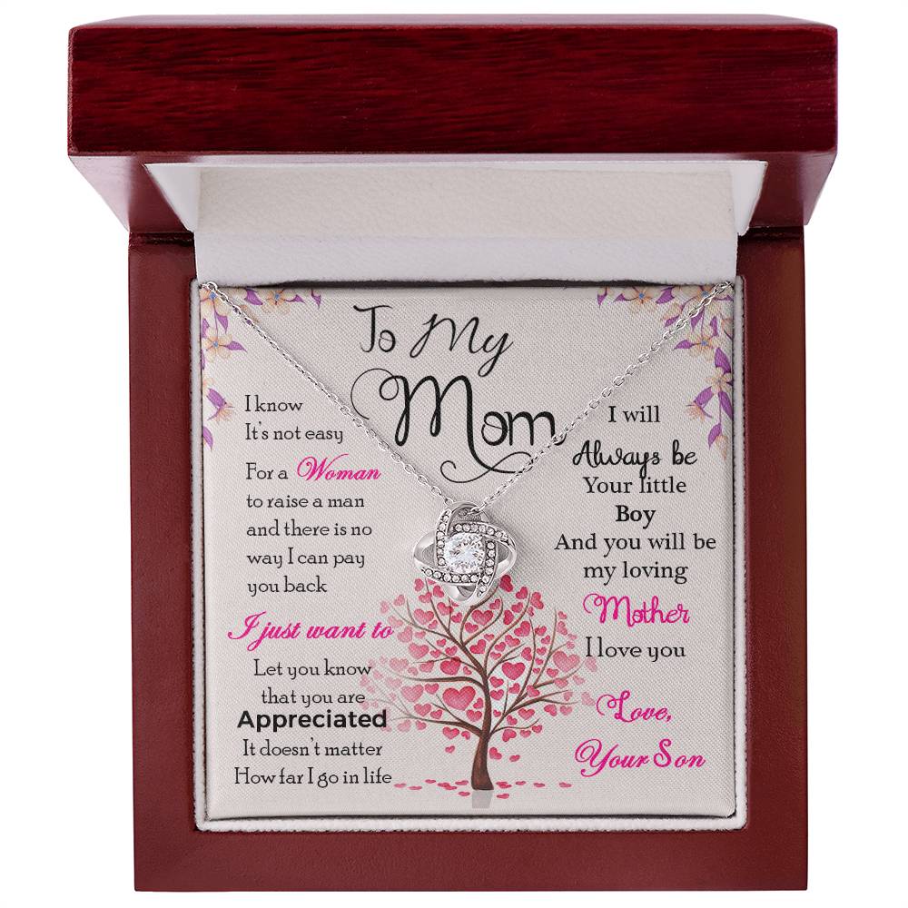 Love Knot Necklace for Mom with cubic zirconia stones, inside a gift box with heartfelt message from son