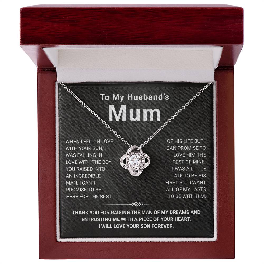 Beautiful Love Knot Necklace for Husband's Mum in a gift box with heartfelt message, perfect for showing appreciation.