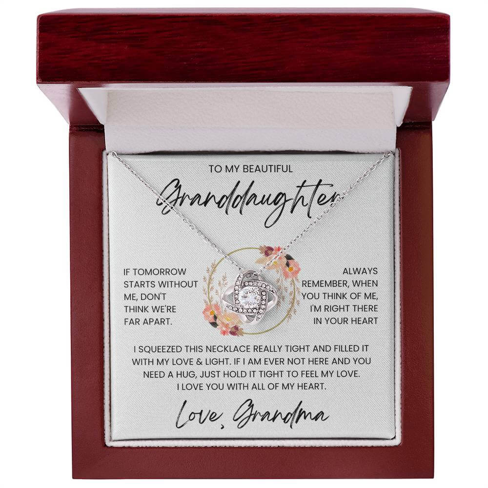 Love Knot Necklace for Granddaughter with heartfelt message from Grandma in a jewelry box.