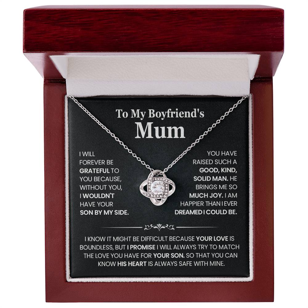 Love Knot Necklace in gift box for Boyfriend's Mum, featuring heartfelt message and premium cubic zirconia embellishments.