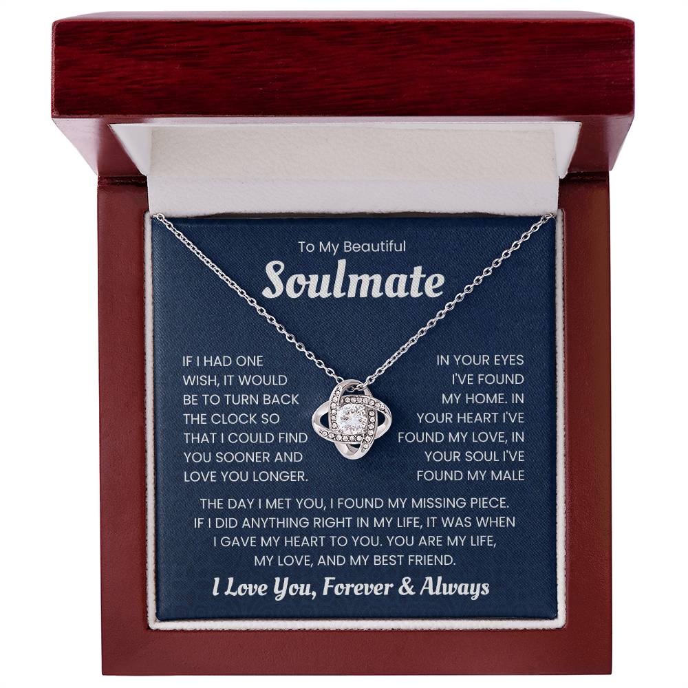 Love Knot Necklace in box with heartfelt message for soulmate about finding a missing piece and eternal love.