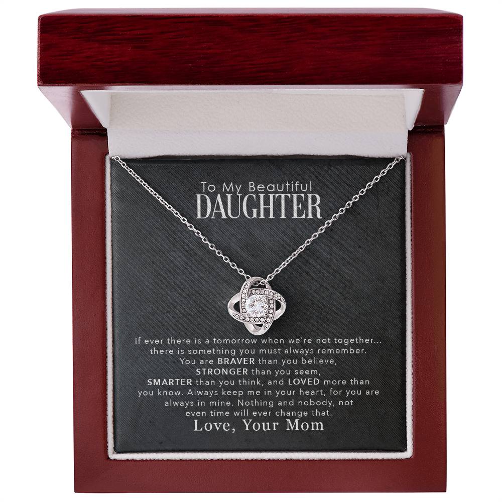 Love Knot Necklace in a display box with "To My Beautiful Daughter" message card, featuring cubic zirconia crystals and unbreakable bond theme.