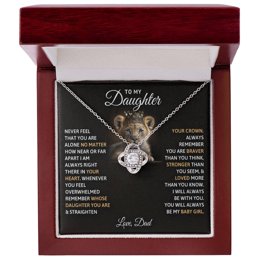 Love Knot Necklace gift box for daughter with heartfelt message from dad and cubic zirconia pendant in 14k white gold over stainless steel.