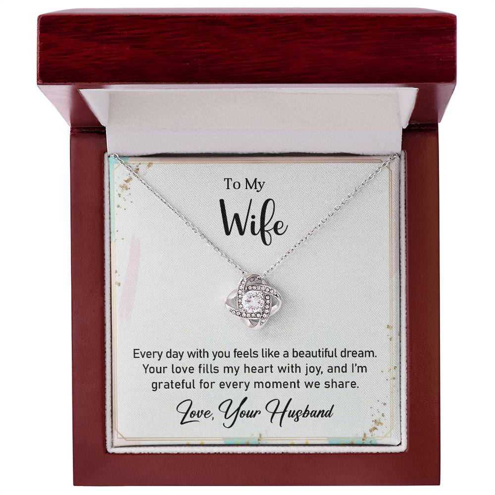 Love Knot Necklace gift box with heartfelt message to wife, featuring cubic zirconia pendant in 14k white gold over stainless steel.