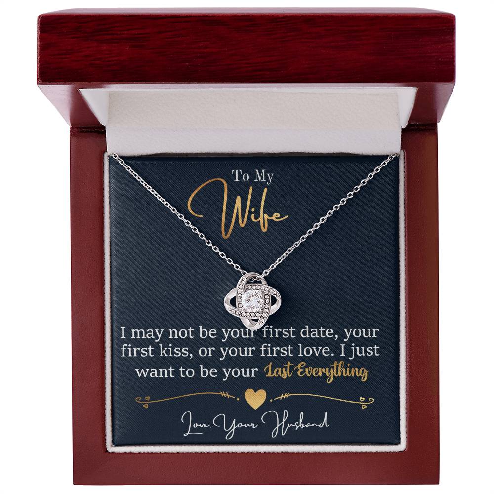 Love Knot Necklace with cubic zirconia crystals, in a gift box featuring a romantic message from husband to wife.