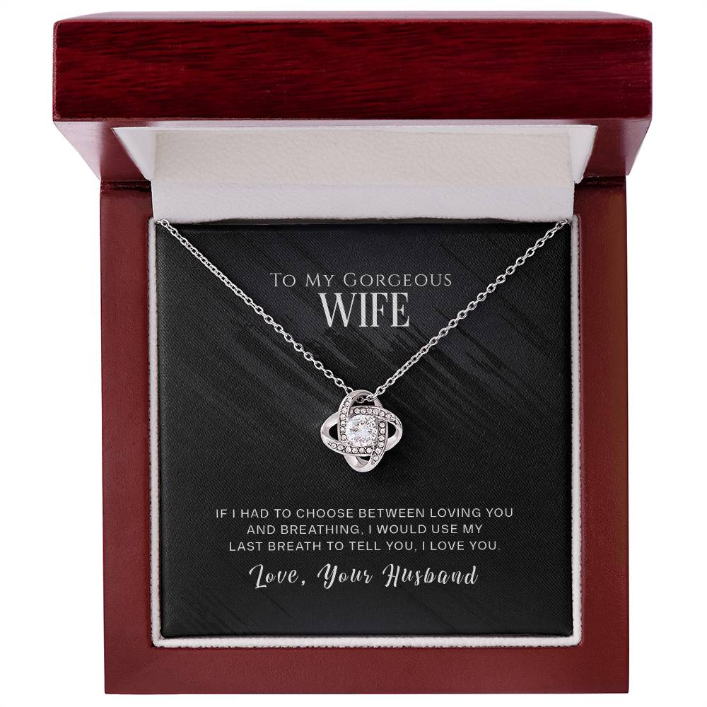 Love Knot Necklace in gift box with message "To My Gorgeous Wife. Love, Your Husband" with cubic zirconia stone on 14k white gold.