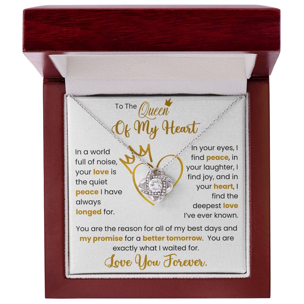 To The Queen of My Heart Love Knot Necklace in gift box with heartfelt message, adorned with cubic zirconia crystals and 14k white gold or 18k yellow gold.