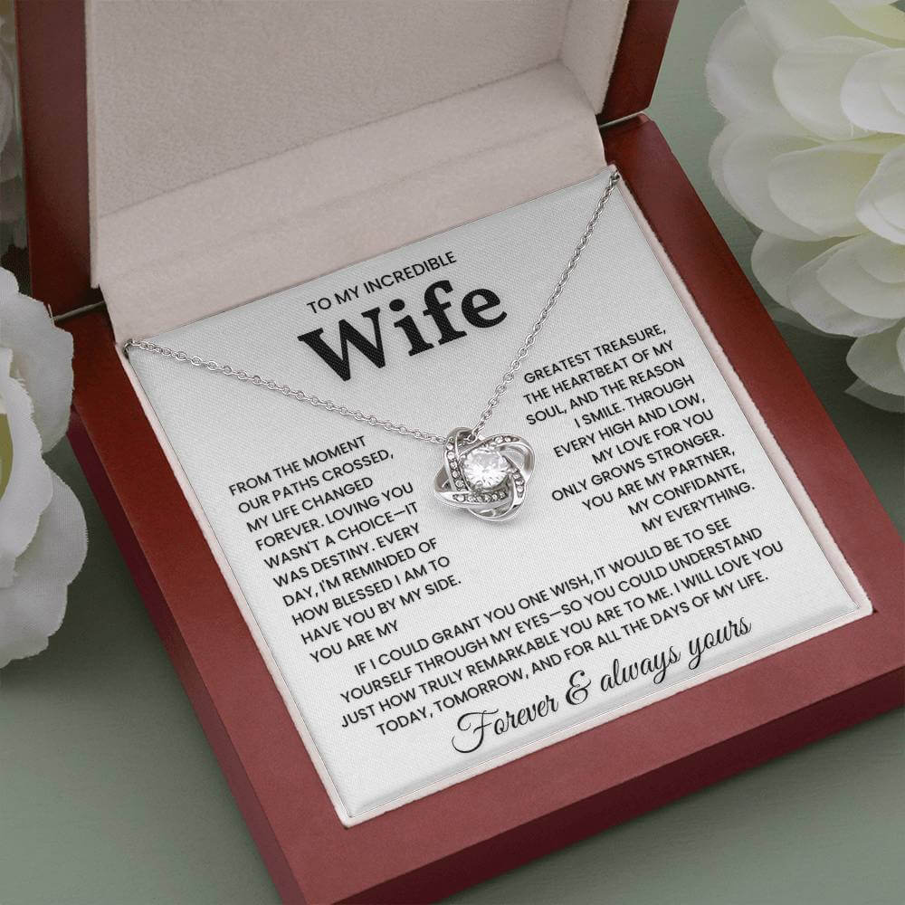 Necklace for wife with heartfelt message card in a gift box, "To My Incredible Wife - I Will Love You Today, Tomorrow, and For All the Days of My Life"