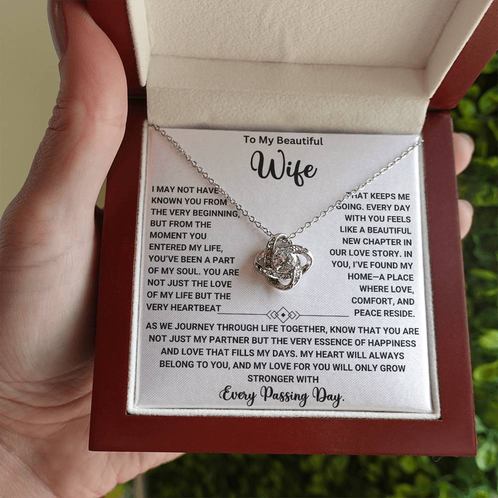 Love Knot Necklace in gift box with touching message for wife about being a part of the soul from the moment she entered the life