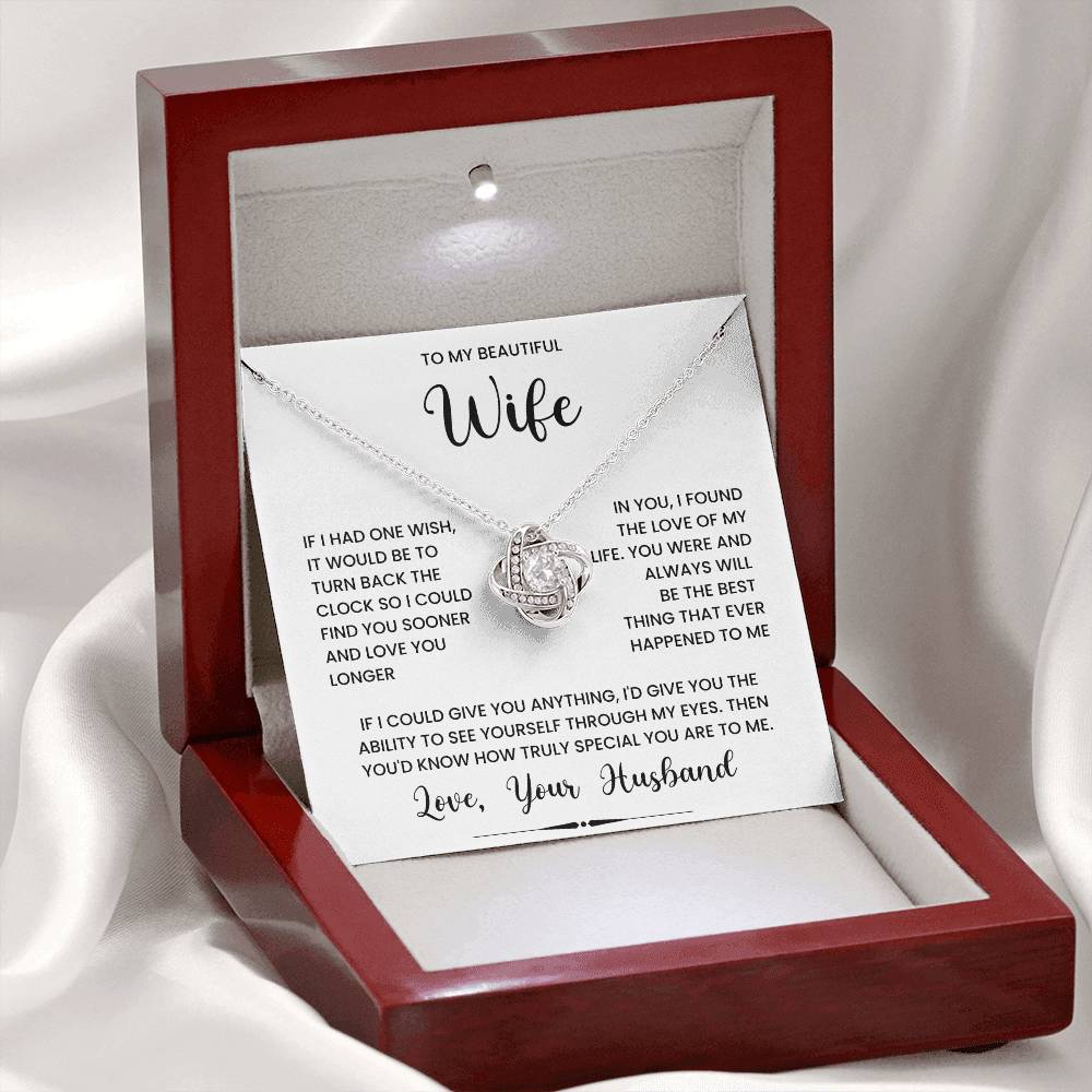 Love Knot Necklace for Wife with Heartfelt Message in a Wooden Box