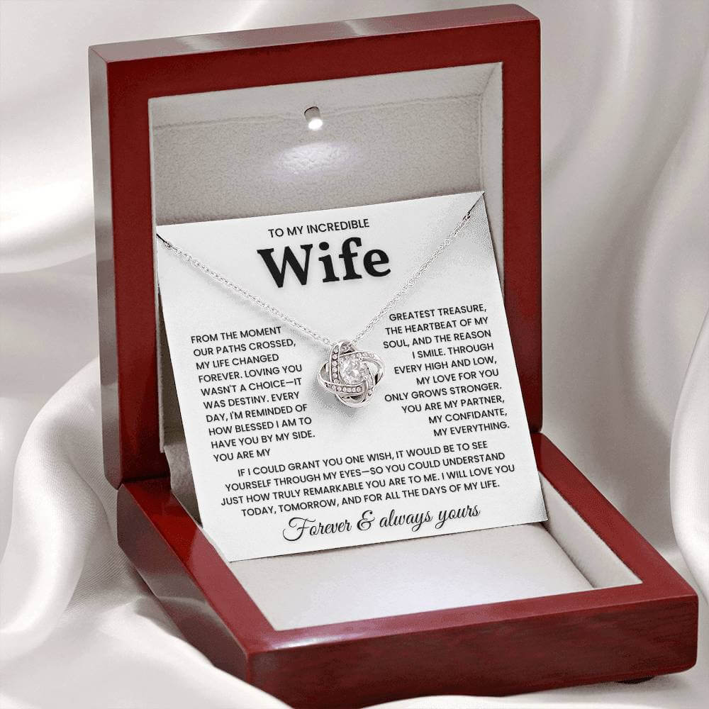 Elegant "To My Incredible Wife" necklace in a wooden box with a heartfelt message for wife, perfect for expressing eternal love and devotion.